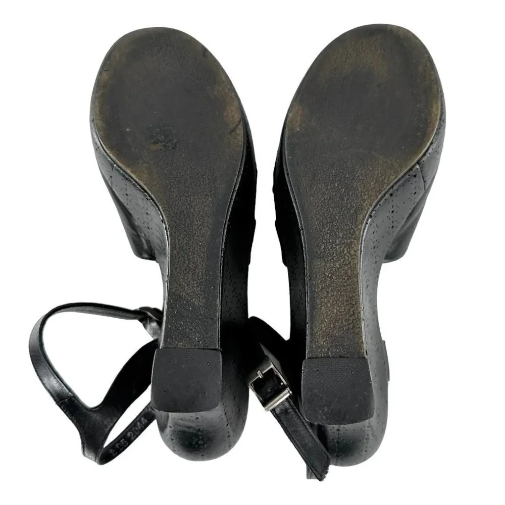 Robert Clergerie Black Leather Ankle Strap Peep Toe Wedge Heels Size 6.5